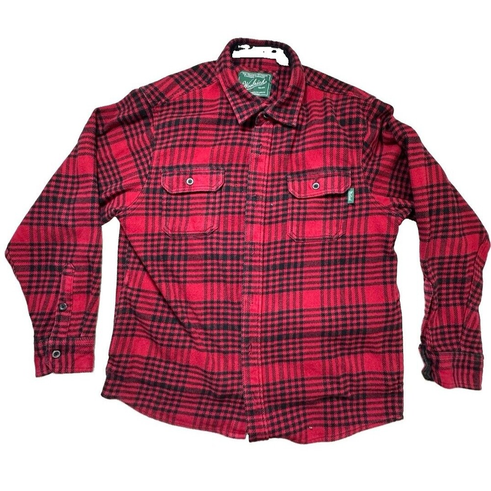 Woolrich Shirt Mens L Red Plaid Flannel Shacket Pockets Buffalo Button Long